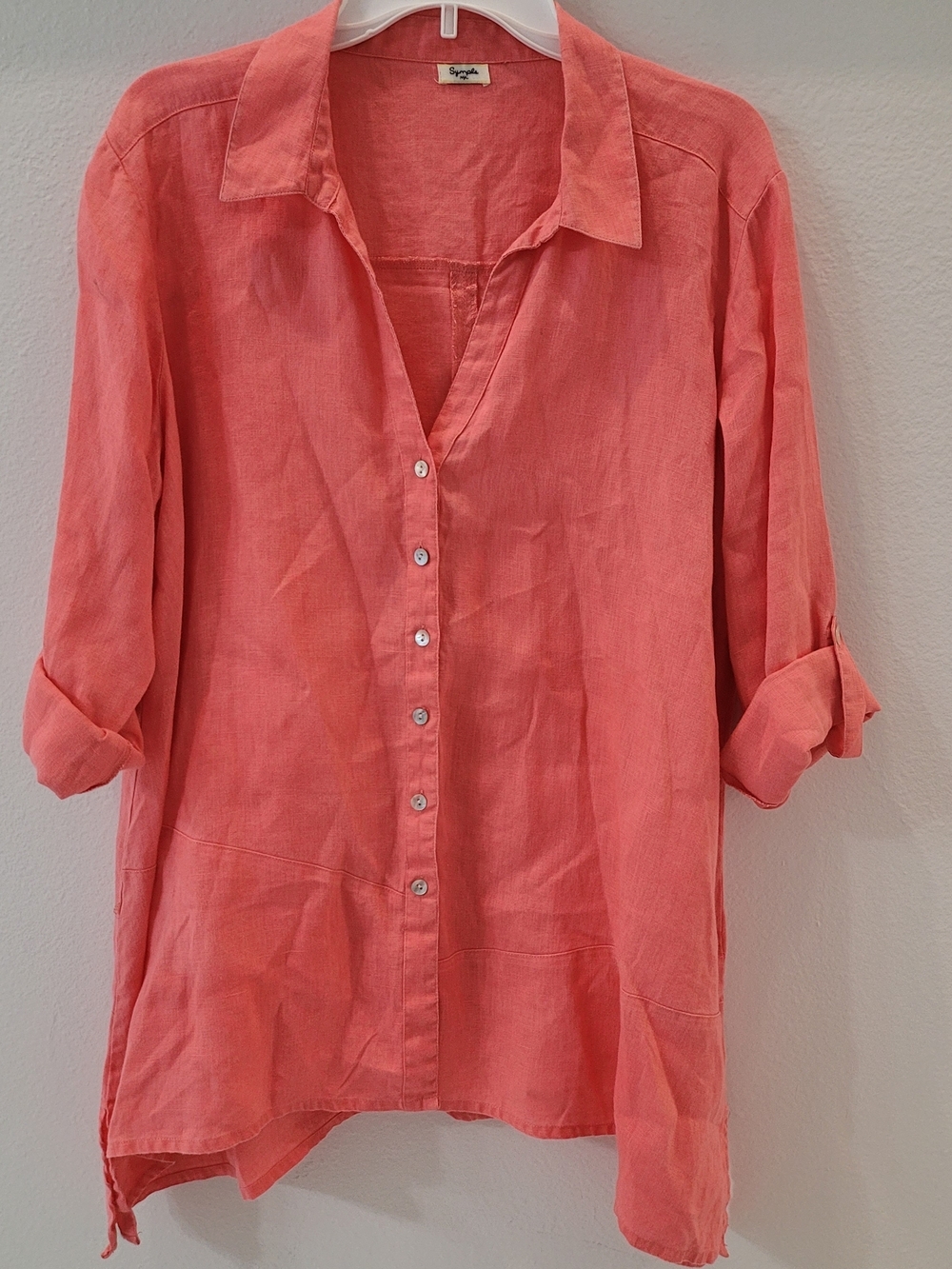 SYMPLE NYC  Shirt Tunic Blouse Top Coral Pink 100% Linen L/XL